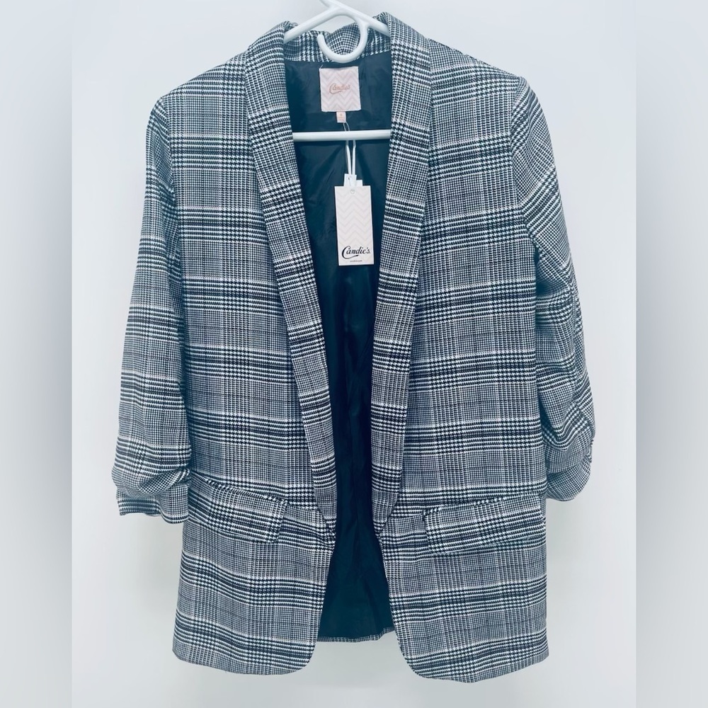 Candie's Women's Black White Plaid 3/4 Career Suit Blazer Sports Jacket S New